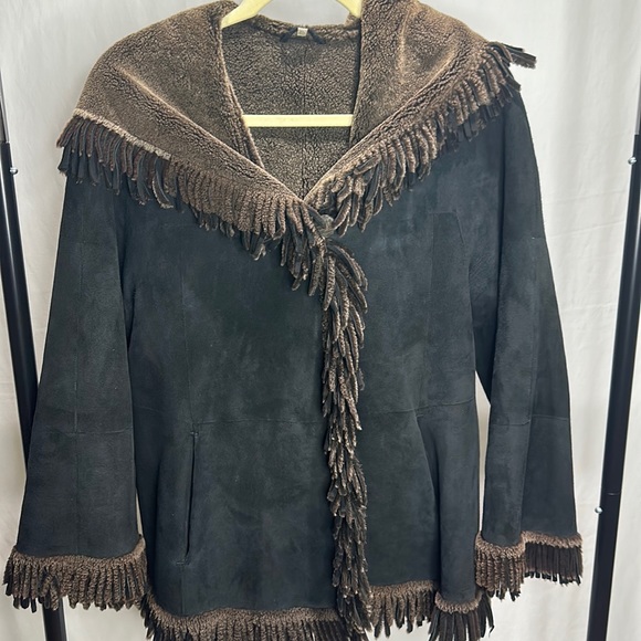 Neiman Marcus Black and Brown Fringe Western FUR poncho jacket - Picture 1 of 5